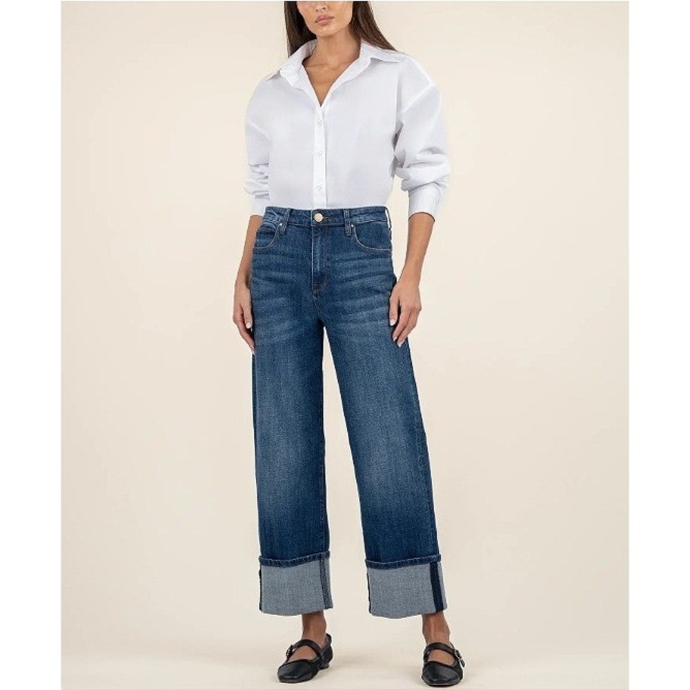 Kut from the Kloth Sienna Wide Leg Jeans Women 14 Med Blue High Rise Cuffed EUC